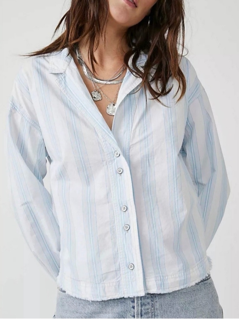Free People Pale Blue & White Striped Button-Down Shirt